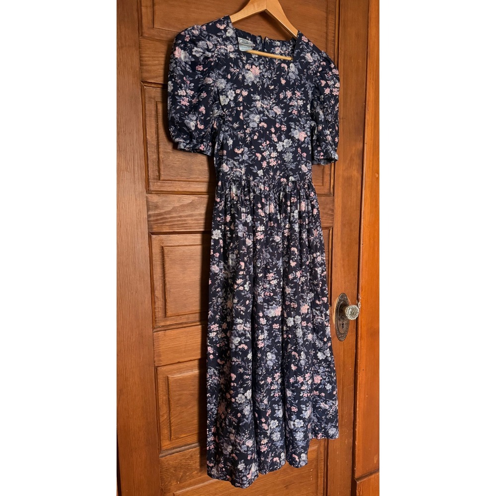 Vintage Laura Ashley Floral Cotton Midi Dress Navy Pink Puff Sleeve UK 10 USA 6